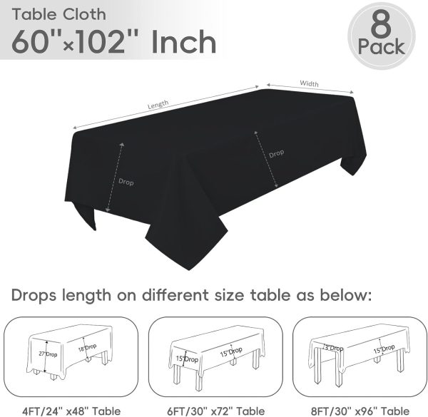 8 Pack Black Tablecloth 60 x 102 Inch Polyester Table Cloth for 6 Foot Rectangle Tables, Wrinkle Resistant Washable Decorative Fabric Table Covers for Wedding Party Banquet Buffet and Camping