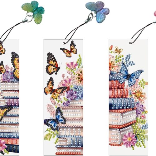 Pearl 5D DIY Butterfly Floral Book Stack Acrylic Bookmarks, 3 Pack | Special Shaped Pearl Rhinestone 3 Pack DIY Bookmark, Butterfly Tassel, Vivid Floral Stack Book Decor for Adult Book Lovers