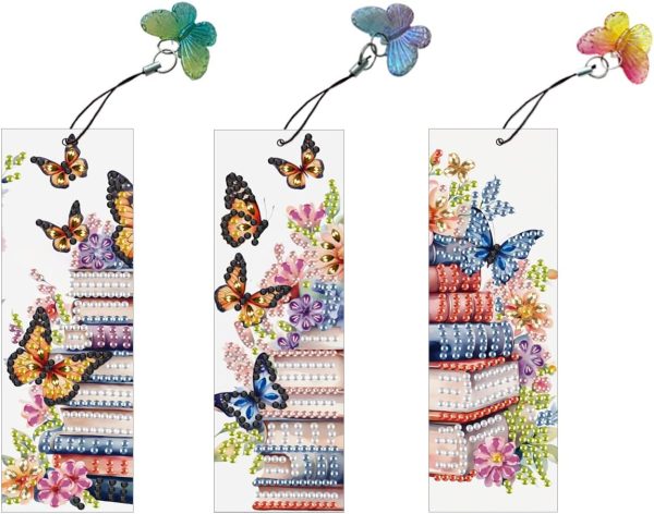 Pearl 5D DIY Butterfly Floral Book Stack Acrylic Bookmarks, 3 Pack | Special Shaped Pearl Rhinestone 3 Pack DIY Bookmark, Butterfly Tassel, Vivid Floral Stack Book Decor for Adult Book Lovers