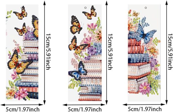 Pearl 5D DIY Butterfly Floral Book Stack Acrylic Bookmarks, 3 Pack | Special Shaped Pearl Rhinestone 3 Pack DIY Bookmark, Butterfly Tassel, Vivid Floral Stack Book Decor for Adult Book Lovers