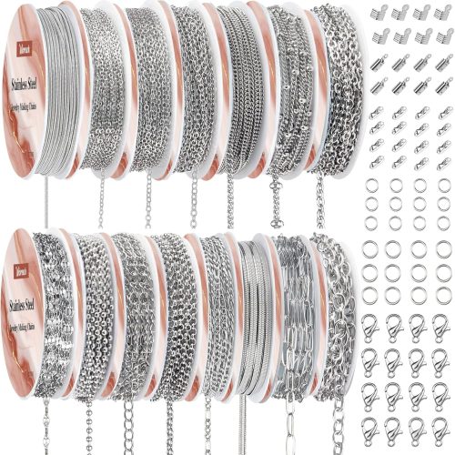 Wisreach Necklace Chains for Jewelry Making, 118 Feet 15 Rolls Stainless Steel Jewelry Chains for DIY Necklace Bracelet Making with Stainless Steel Jump Rings/Lobster Clasps/Connectors