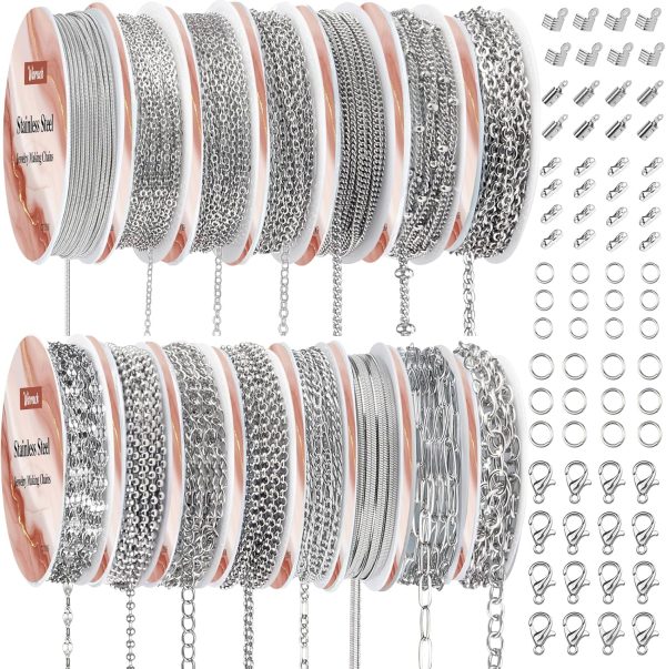 Wisreach Necklace Chains for Jewelry Making, 118 Feet 15 Rolls Stainless Steel Jewelry Chains for DIY Necklace Bracelet Making with Stainless Steel Jump Rings/Lobster Clasps/Connectors