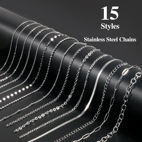 Wisreach Necklace Chains for Jewelry Making, 118 Feet 15 Rolls Stainless Steel Jewelry Chains for DIY Necklace Bracelet Making with Stainless Steel Jump Rings/Lobster Clasps/Connectors