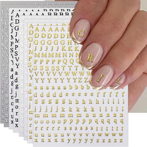IDDFEVE 8 Sheets Letter Nail Art Stickers - 3D English Alphabet Nail Decals for DIY Metallic Gold Silver Acrylic Manicure Holographic Nail Decorations