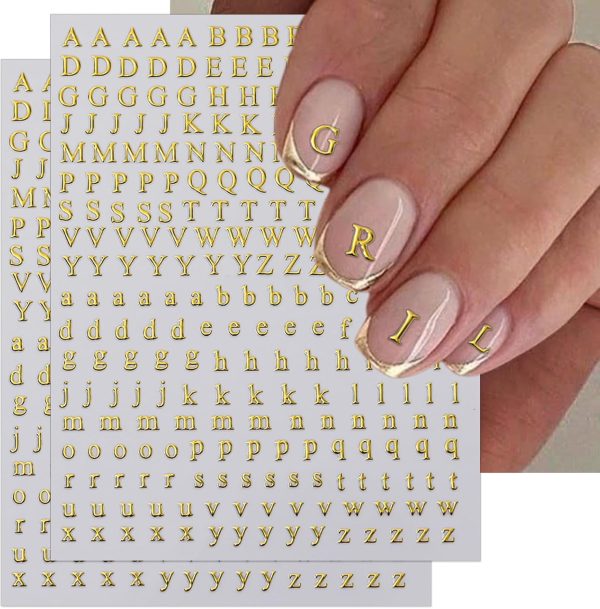 IDDFEVE 8 Sheets Letter Nail Art Stickers - 3D English Alphabet Nail Decals for DIY Metallic Gold Silver Acrylic Manicure Holographic Nail Decorations