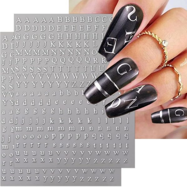 IDDFEVE 8 Sheets Letter Nail Art Stickers - 3D English Alphabet Nail Decals for DIY Metallic Gold Silver Acrylic Manicure Holographic Nail Decorations