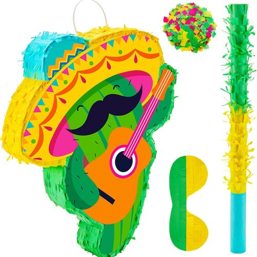 Lewtemi Cactus Piñata with Mini Sombrero Party Hats Mexican Fiesta Decorations Set with Piñata Stick Blindfold and Confetti for Cinco De Mayo Taco Birthday Party 16.1 x 13 x 3 Inch