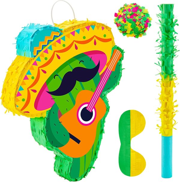 Lewtemi Cactus Piñata with Mini Sombrero Party Hats Mexican Fiesta Decorations Set with Piñata Stick Blindfold and Confetti for Cinco De Mayo Taco Birthday Party 16.1 x 13 x 3 Inch