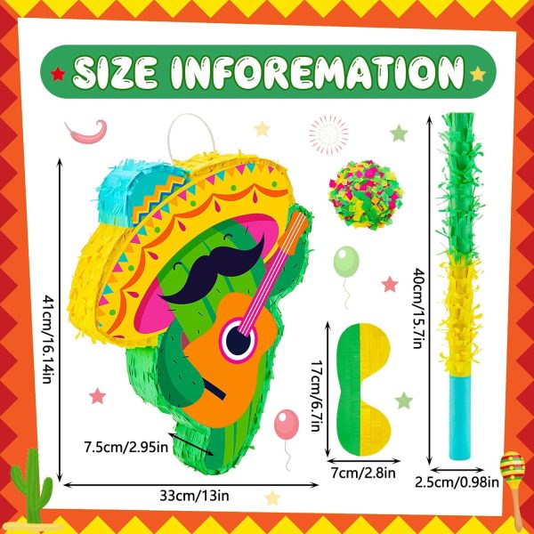 Lewtemi Cactus Piñata with Mini Sombrero Party Hats Mexican Fiesta Decorations Set with Piñata Stick Blindfold and Confetti for Cinco De Mayo Taco Birthday Party 16.1 x 13 x 3 Inch