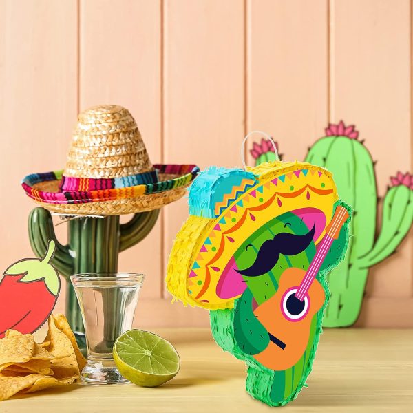 Lewtemi Cactus Piñata with Mini Sombrero Party Hats Mexican Fiesta Decorations Set with Piñata Stick Blindfold and Confetti for Cinco De Mayo Taco Birthday Party 16.1 x 13 x 3 Inch