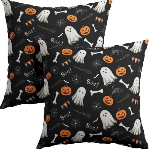 Halloween Throw Pillow Covers 18X18 Inch Set of 2 Boo Cute Ghost Orange Pumpkins Bat Web Decorative Black Pillow Cases Holiday Cotton Linen Cushion Cover for Home Sofa Porch Outdoor Decor