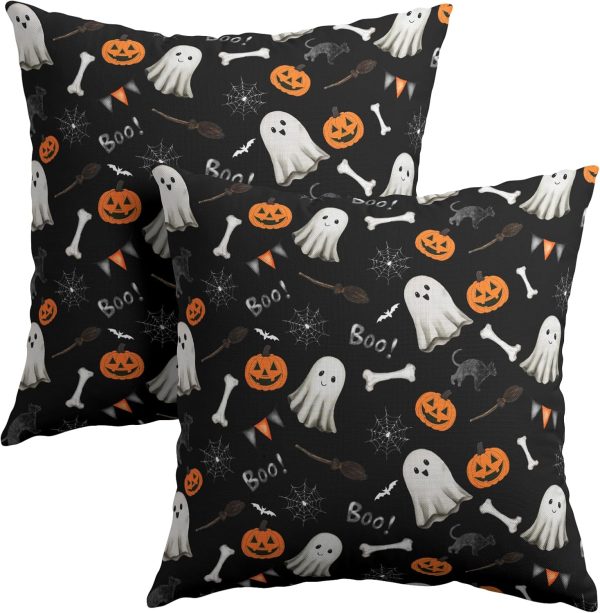 Halloween Throw Pillow Covers 18X18 Inch Set of 2 Boo Cute Ghost Orange Pumpkins Bat Web Decorative Black Pillow Cases Holiday Cotton Linen Cushion Cover for Home Sofa Porch Outdoor Decor