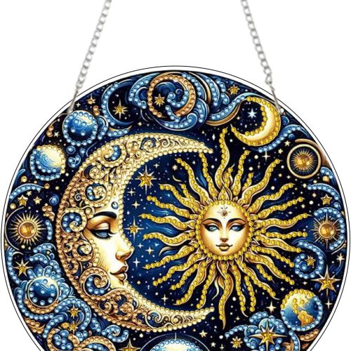 RYMILIE Hanging Diamond Art Kits for Adults Sun and Moon 8x8inch | 5D Pearl Art Kits for Adults, DIY Special-Shaped Suncatcher Pendant, Window Hanging Decor Gift for Home & Garden
