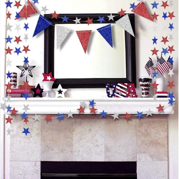 Decor365 4th of July Patriotic Decorations Set Glitter Star Streamers Pennant Bunting Banner Red White Blue Garland for Independence Day Veterans Labor Day Decor Holiday Memorial Day Party Supplies