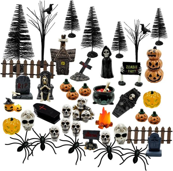 Suartus Halloween Village Accessories Ornaments - 46Pcs Miniature Pumpkin Skeleton Tombstones Spider Pinetrees Figurines Resin Horror Village Mini Halloween Figurines for Hallowmas Town Party Decor