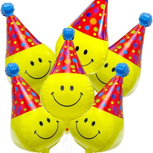 Unique 4D Happy Emoticons With Hat Balloons Smile Face Helium Balloons, 6 Pack Cute Cartoons Movie Character Smile with Party Hat Foil Mylar Balloons For Kids Birthday Decoration Party Supplies