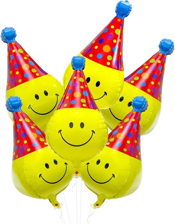 Unique 4D Happy Emoticons With Hat Balloons Smile Face Helium Balloons, 6 Pack Cute Cartoons Movie Character Smile with Party Hat Foil Mylar Balloons For Kids Birthday Decoration Party Supplies