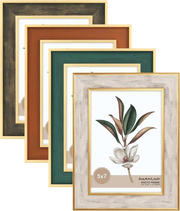 XUANLUO 4 Pack Picture Frames Farmhouse Rustic Picture Frame Sets with Distressed Wood Grain,Display Pictures Tabletop or Wall Decor (Mix Color, 5x7 (4pc))