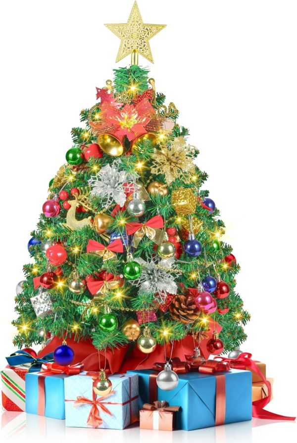 2FT Mini Christmas Tree, Small Christmas Tree with Lights, Prelit Tabletop Christmas Tree with 100 Branch Tips and 80+ DIY Ornaments, Christmas Decorations Indoor and Gifts for Men Women