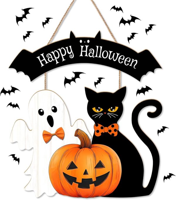 Halloween Decorations Wooden Hanging Welcome Sign for Front Door | Home Wall Decor,Cute Ghost,Black Cat,Pumpkin,Durable Fall Wreaths,for Horror Party,IdealGift