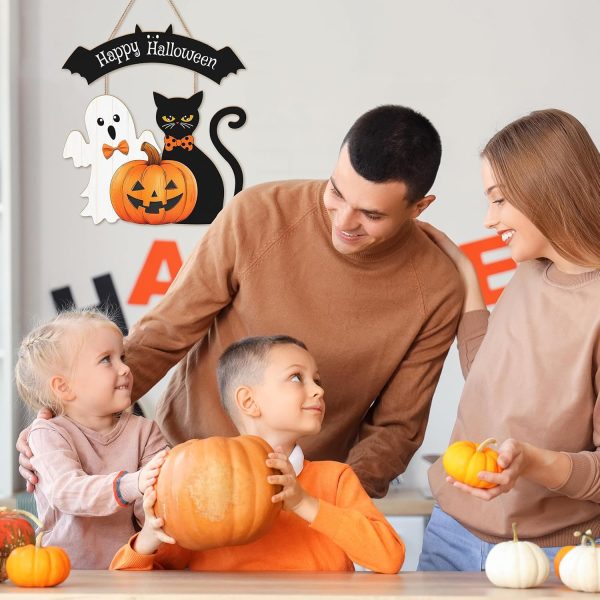 Halloween Decorations Wooden Hanging Welcome Sign for Front Door | Home Wall Decor,Cute Ghost,Black Cat,Pumpkin,Durable Fall Wreaths,for Horror Party,IdealGift