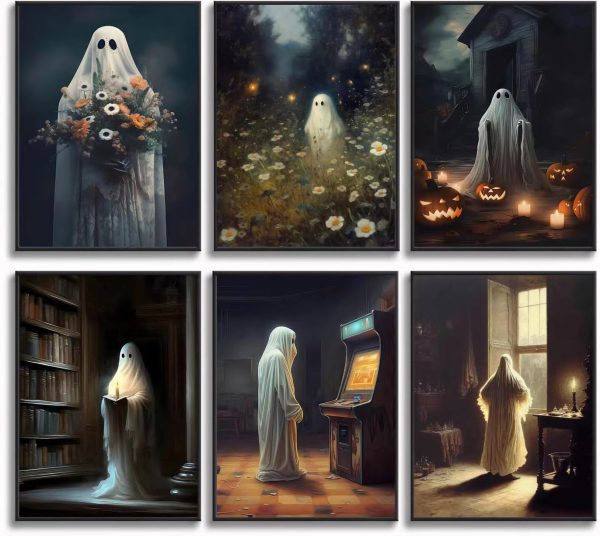 CTZA137CT_1 6 Vintage Ghost Wall Art - Gothic Spooky Funny Home Decor - Dark Forest Cute Ghost Paintings - Halloween Pumpkin Lantern