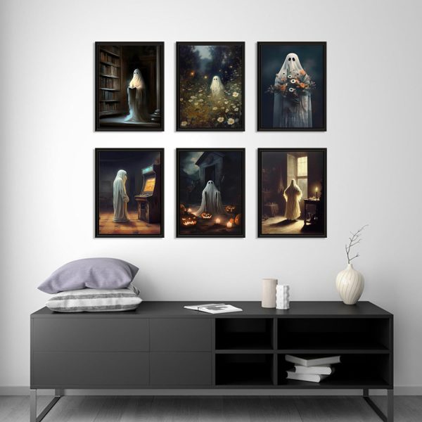 CTZA137CT_4 6 Vintage Ghost Wall Art - Gothic Spooky Funny Home Decor - Dark Forest Cute Ghost Paintings - Halloween Pumpkin Lantern