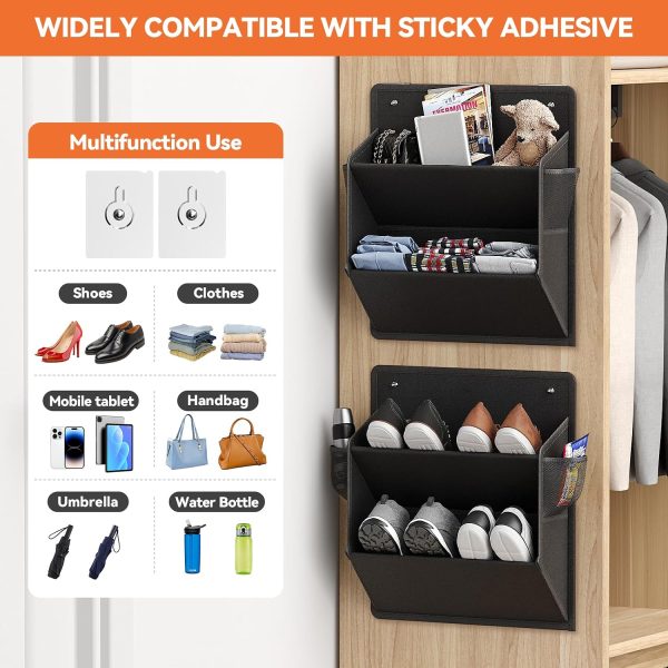 WF0002MAX_4 2 Pack RV Shoe Storage with Sticky Adhesive Tape, Over the Door Shoe Rack, Wall Hanging Shoe Organizer with Large Deep Pockets for Camper, Narrow Space Saving Closet Organizers Black