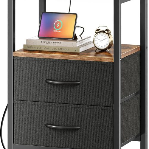 Huuger Nightstand with Charging Station, Side Table with Fabric Drawers