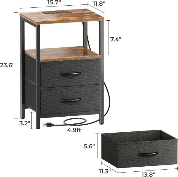 Huuger Nightstand with Charging Station, Side Table with Fabric Drawers
