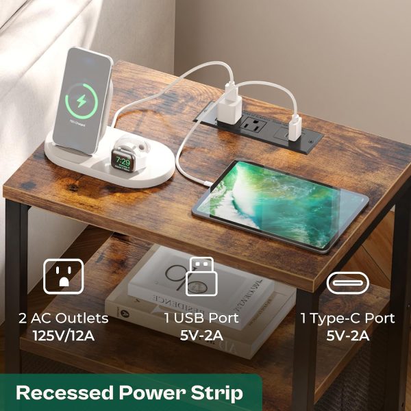 Huuger Nightstand with Charging Station, Side Table with Fabric Drawers
