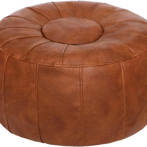 Thgonwid Unstuffed Moroccan Storage Pouf Foot Stool Ottoman Seat Handmade Faux Leather Bean Bag Floor Chair Foot Rest for Living Room, Bedroom or Balcony (Light Brown)