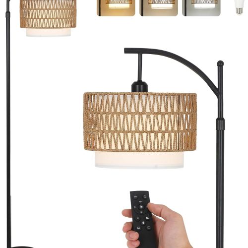 Arc Floor Lamp for Living Room with 3 Color Temperatures, Farmhouse Floor Lamps with Remote & Dimmable Bulb, Boho Standing Lamp with Rattan & Fabric Shades, Adjustable Tall Lamp for Bedroom, Office