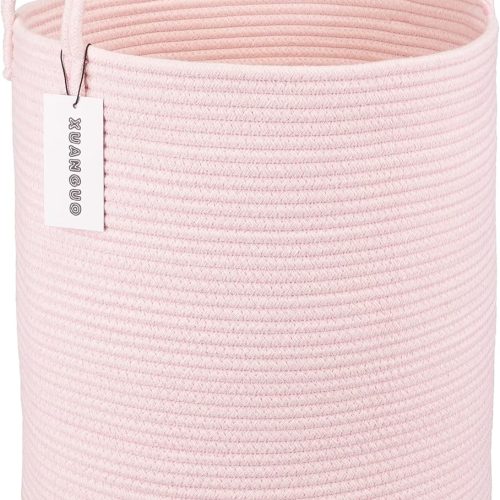 XUANGUO Cotton Rope Laundry Basket Hamper for Girls Kids Baby Nursery Pink | Large Nursery Hamper Bin and Woven Storage Basket for Living Room Girls Room Boho Tall Rope Baskets for Blankets Toys