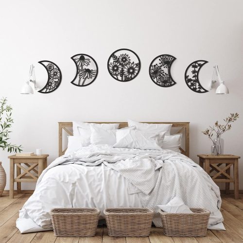 WF0585MAX_1 Jetec 5 Pcs Moon Phases Wall Art Decor, Wooden, Black, 10.6 Inch, Flower | Boho Lunar Aesthetic Wall Pediments Hanging with Flower Cutout, Bedroom Living Room Dorm Spiritual Decor for Apartment