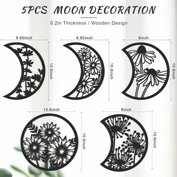 Jetec 5 Pcs Moon Phases Wall Art Decor, Wooden, Black, 10.6 Inch, Flower | Boho Lunar Aesthetic Wall Pediments Hanging with Flower Cutout, Bedroom Living Room Dorm Spiritual Decor for Apartment