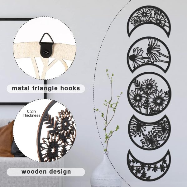 Jetec 5 Pcs Moon Phases Wall Art Decor, Wooden, Black, 10.6 Inch, Flower | Boho Lunar Aesthetic Wall Pediments Hanging with Flower Cutout, Bedroom Living Room Dorm Spiritual Decor for Apartment