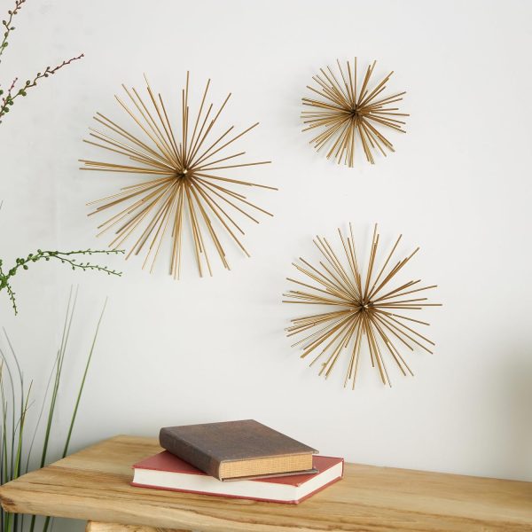 Deco 79 Metal Starburst Long Spike Wall Decor, Set of 3, 6", 9", 12"W, Gold