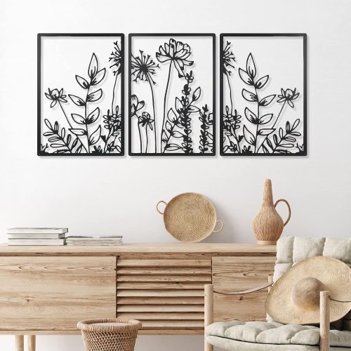 Therwen 3 Pcs Black Metal Wall Decor Minimalist Wall Art for Bedroom Flowers Decor Hanging Flower Bathroom Art Flower Line Sculpture Kitchen Decoration 16.5 x 9.8 Inch(Cute Style)