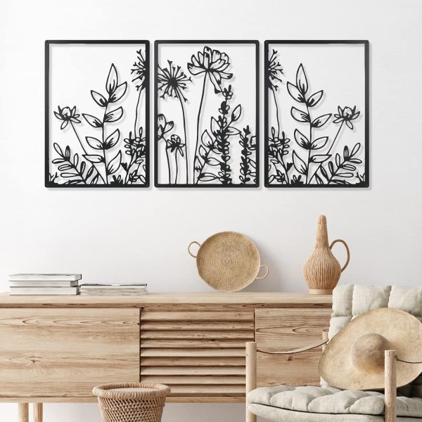 Therwen 3 Pcs Black Metal Wall Decor Minimalist Wall Art for Bedroom Flowers Decor Hanging Flower Bathroom Art Flower Line Sculpture Kitchen Decoration 16.5 x 9.8 Inch(Cute Style)