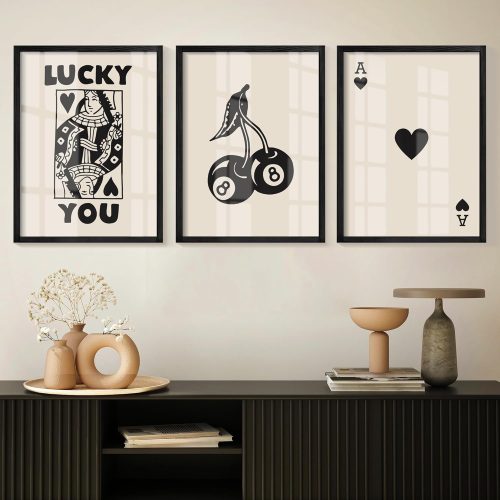 WF0710MAX_1 Heiple Framed Set of 3 Poker Wall Art Lucky You Poster, Trendy Retro Print Wall Decor for Queen of Hearts Wall Art Rustic Vintage Farmhouse Home Wall Decor(Black 12"x16")