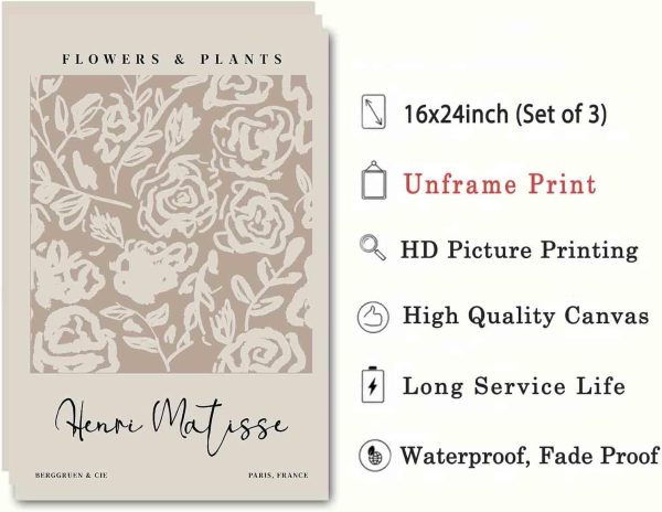 WF0751MAX_4 Beige Matisse Wall Art Matisse Abstract Aesthetic Matisse Poster Henri Matisse Wall Art Prints Boho Matisse Posters Neutral Matisse Prints Minimalist Matisse Wall Art Room Decor 16x24inx3pcs No Frame