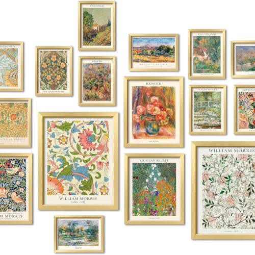 ANERZA 16 PCS Gold Framed Vintage Eclectic Wall Art Decor, William Morris Wall Prints for Bedroom, Gallery Wall Frame Set, Posters for Living Room Aesthetic, Collage Kit, Colorful Dorm Home Artwork