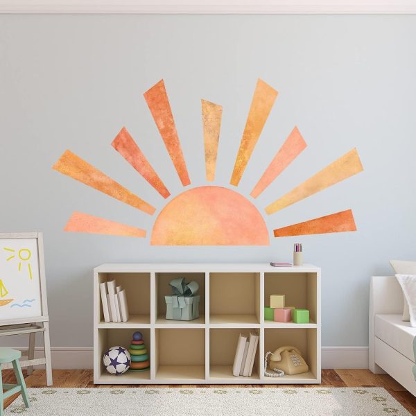 53x29.9 Inch Boho Half Sun Wall Decal - Watercolor Mural, Modern Vinyl Removable Peel and Stick Sticker for Classroom, Living Room, Bedroom, Playroom Decor