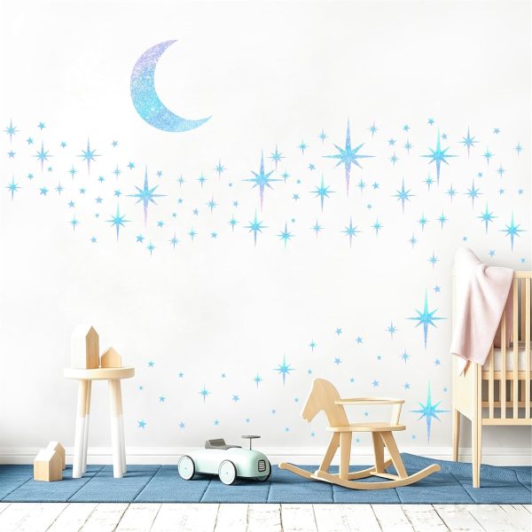 Retro Star Moon Wall Decals Sparkle Art Stickers Mid Century Modern Decor | Blue star and moon decor, peel and stick, removable vinyl art murals wallpaper, for ceiling baby boy girl bedroom living room