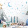 Retro Star Moon Wall Decals Sparkle Art Stickers Mid Century Modern Decor | Blue star and moon decor, peel and stick, removable vinyl art murals wallpaper, for ceiling baby boy girl bedroom living room