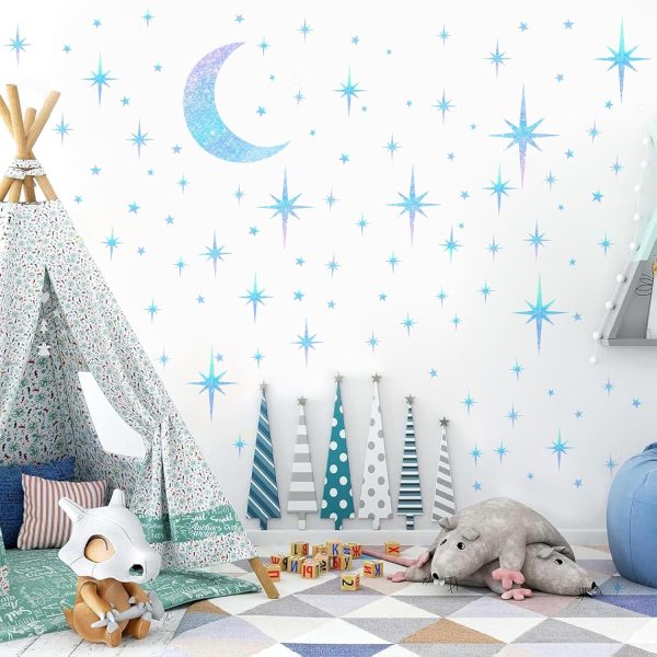 Retro Star Moon Wall Decals Sparkle Art Stickers Mid Century Modern Decor | Blue star and moon decor, peel and stick, removable vinyl art murals wallpaper, for ceiling baby boy girl bedroom living room