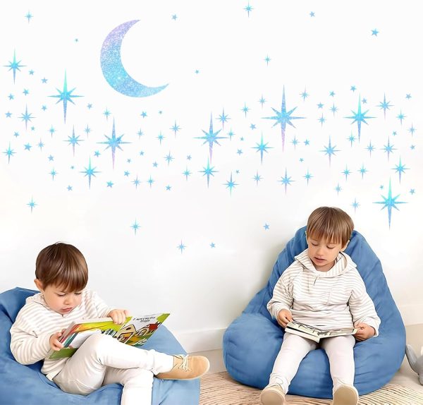 Retro Star Moon Wall Decals Sparkle Art Stickers Mid Century Modern Decor | Blue star and moon decor, peel and stick, removable vinyl art murals wallpaper, for ceiling baby boy girl bedroom living room