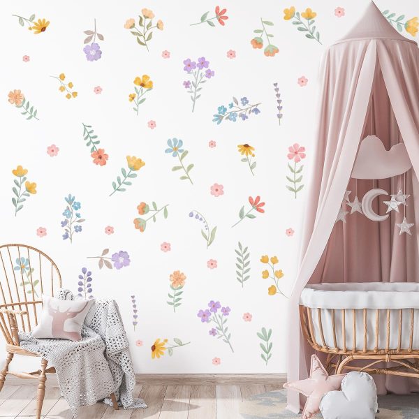 Boho Watercolor Flower Wall Decals - Removable Wildflower Art for Girls Bedroom, Nursery, Kids Room - DIY Cute Vinyl Murals Decorations
