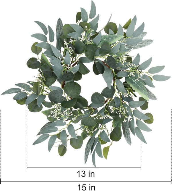 Artificial Green Eucalyptus Wreath,15 inches Greenery Wreath with Clusters of White Flowers Mini Spring/Summer Wreath for Front Door Wall Window Decor